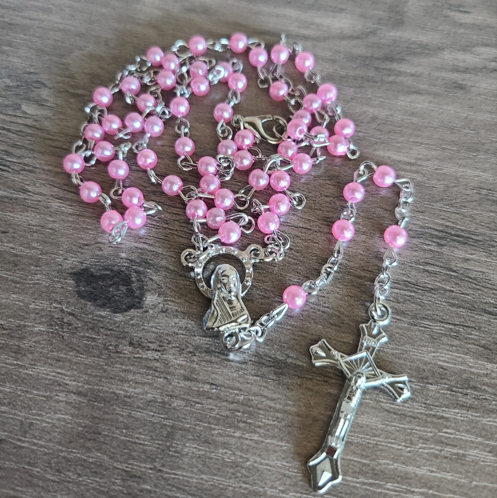 New baby pink rosary, rosary necklace, religious cross, beaded rosary, prayer